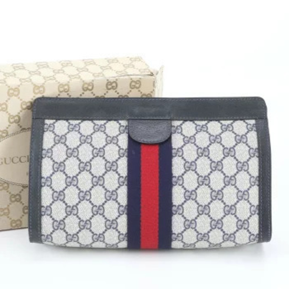 Gucci GG Supreme Leather Clutch Bag Pouch Business Navy Blue